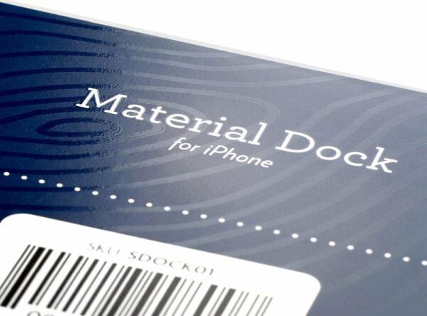 Custom paper labels of Material Dock for iPhone finished with Matte Spot UV and Gloss Spot varnish